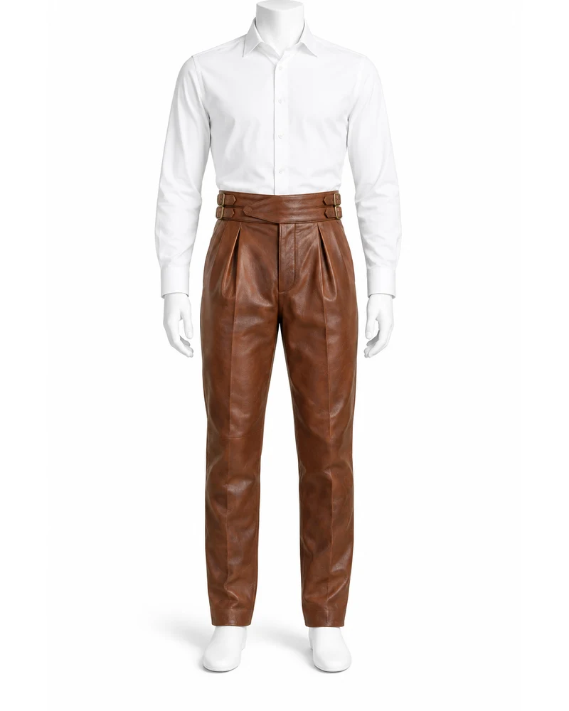 Chestnut Men Buckle-Tab Gurkha Leather Trousers