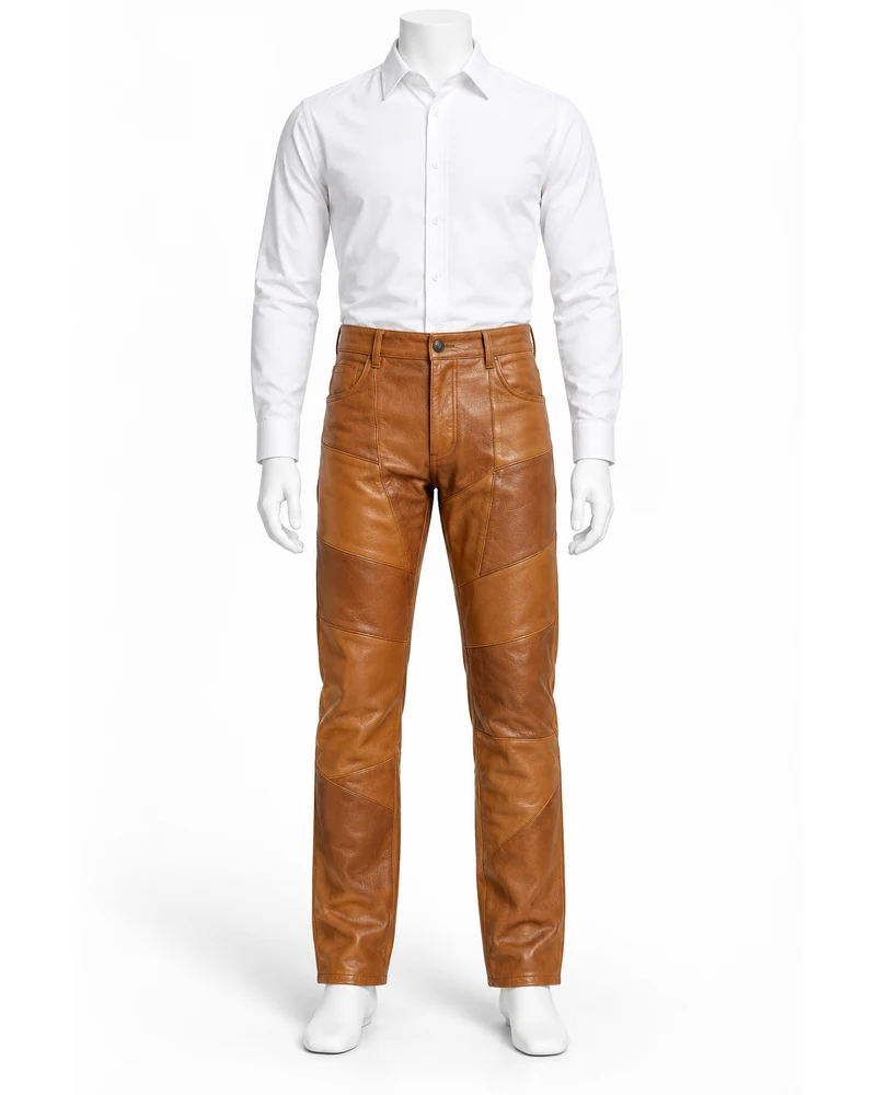 Caramel Men Patchwork Panel Leather Trousers