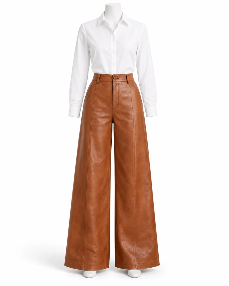 Cognac Women High-Waist Wide-Leg Leather Trousers