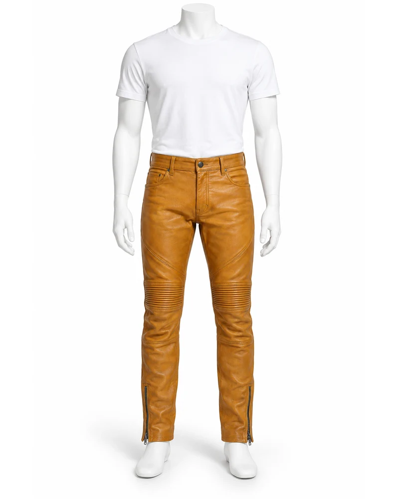 Ochre Men Zip-Cuff Racer Leather Trousers