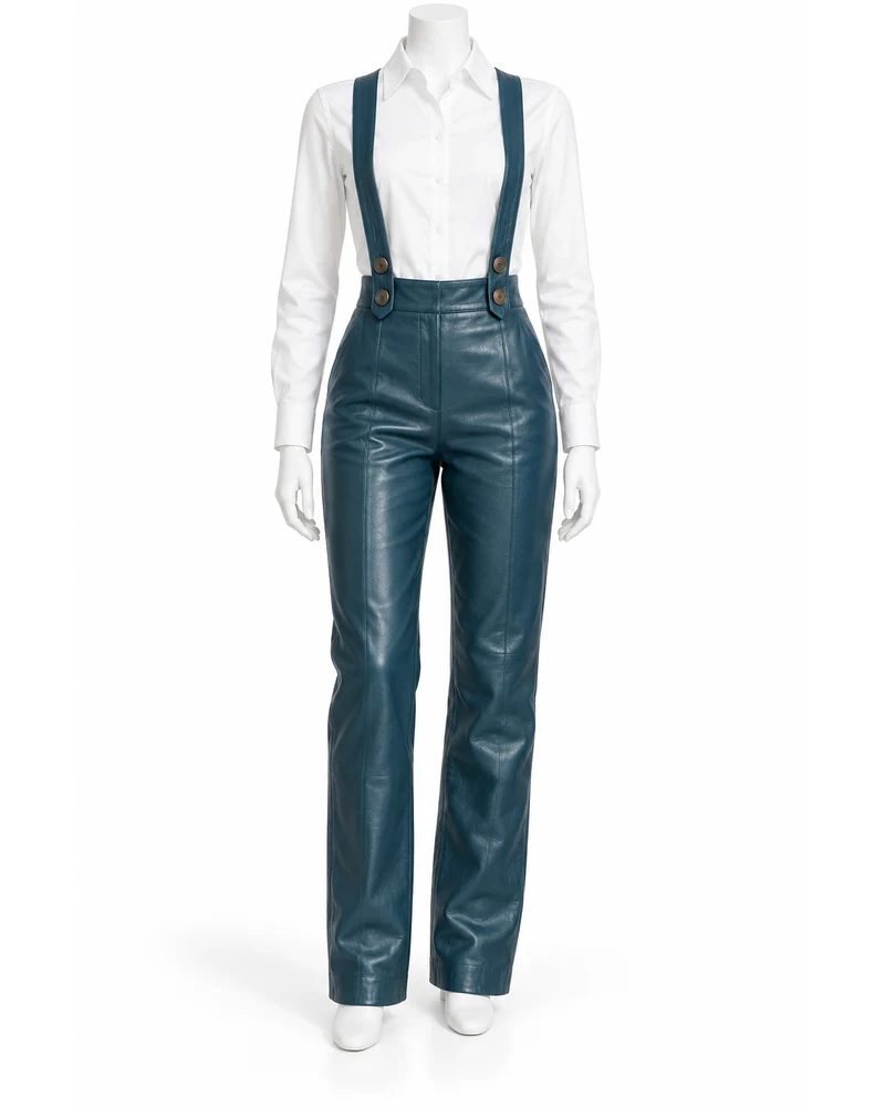 Petrol Blue Women Suspender-Button Leather Trousers