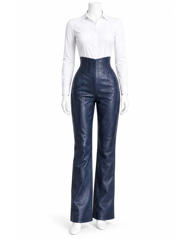 Indigo Women Corset-Waist Leather Trousers