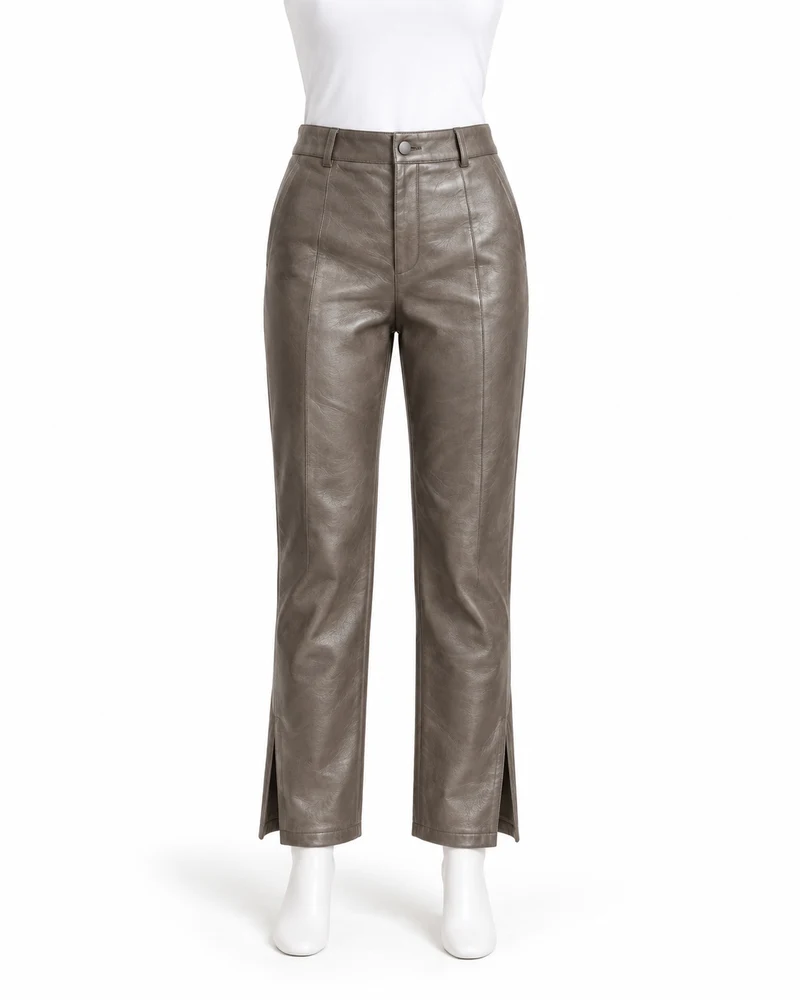Pewter Women Side-Slit Hem Leather Trousers