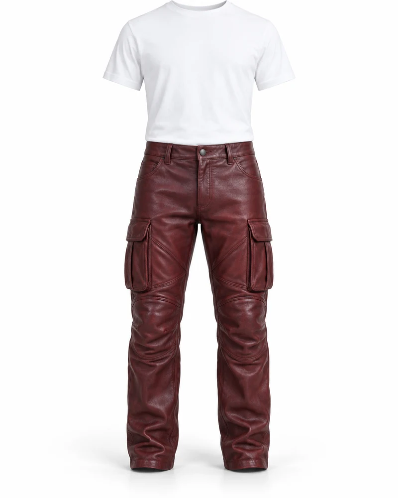 Burgundy Men Articulated Cargo Leather Trousers