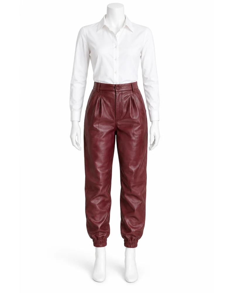 Maroon Women Gathered-Ankle Leather Trousers