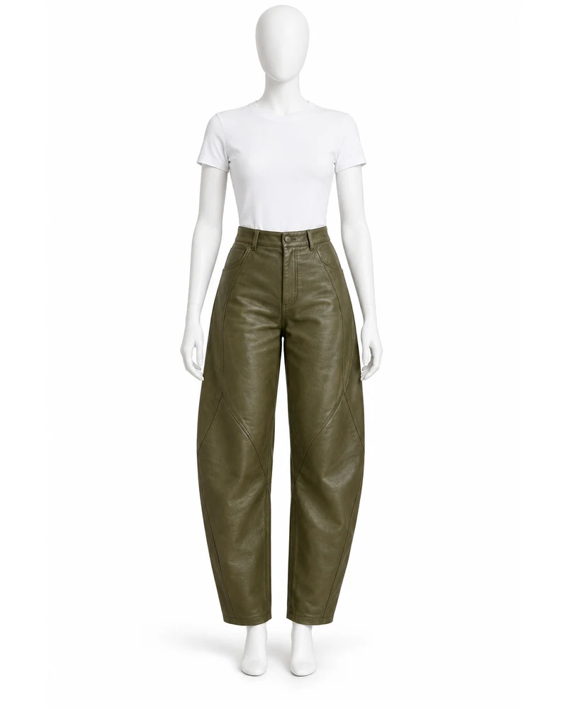 Moss Women Curved-Seam Barrel Leather Trousers