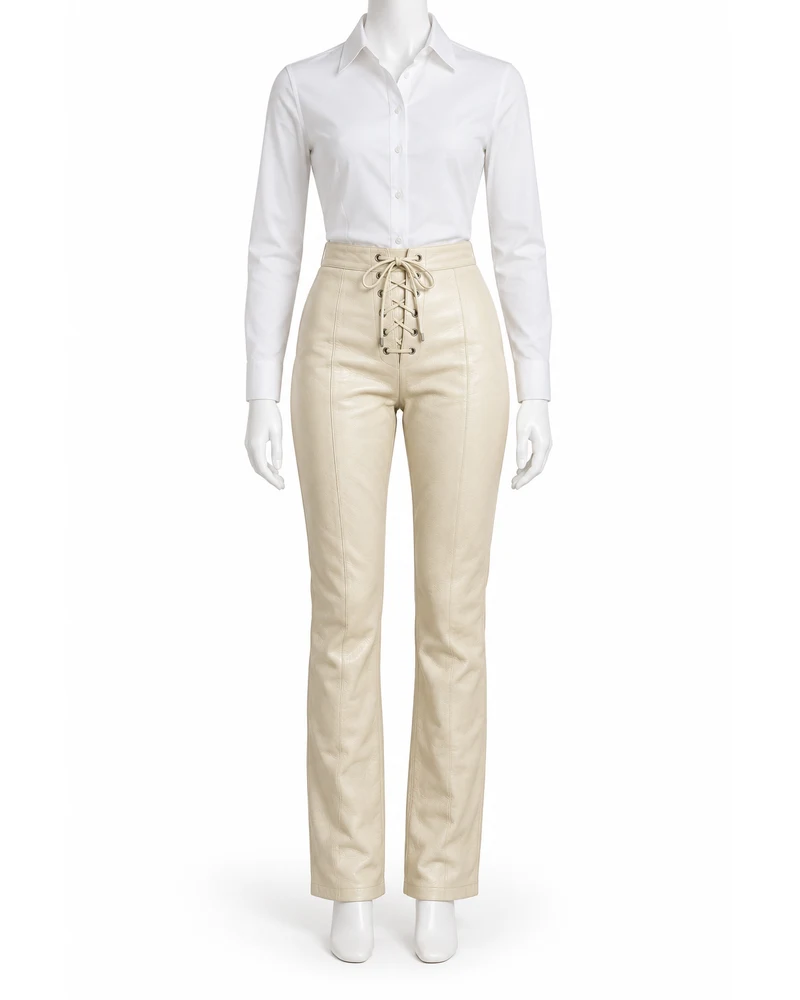 Ivory Women Lace-Up Waist Leather Trousers