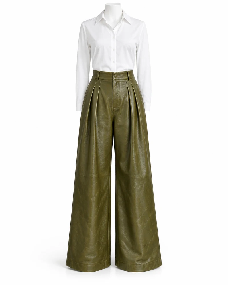 Olive Women Double-Pleat Palazzo Leather Trousers
