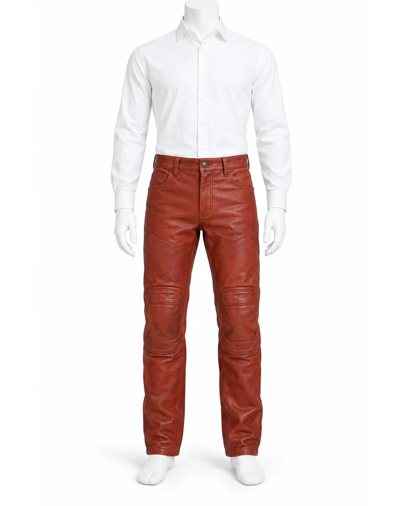 Brick Red Men Kneepad-Patch Workwear Leather Trousers