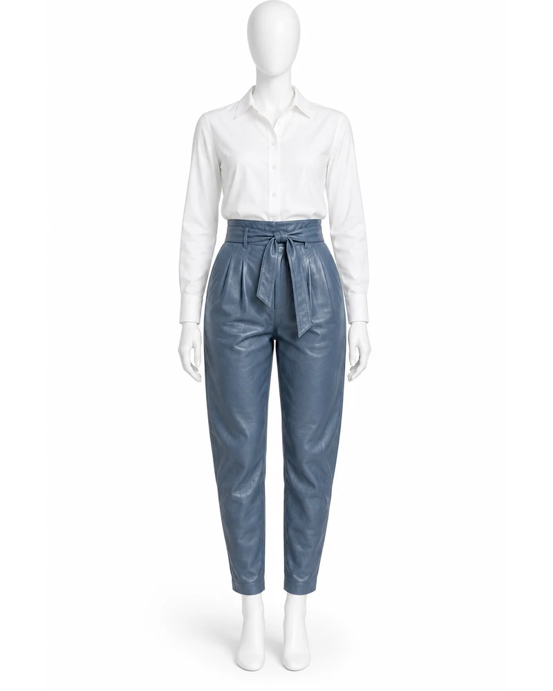 Steel Blue Women Tie-Waist Peg Leather Trousers