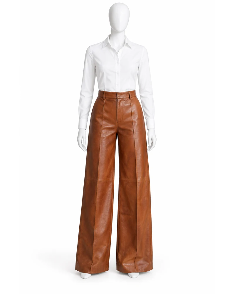 Cinnamon Women Stitched-Crease Wide-Leg Leather Trousers