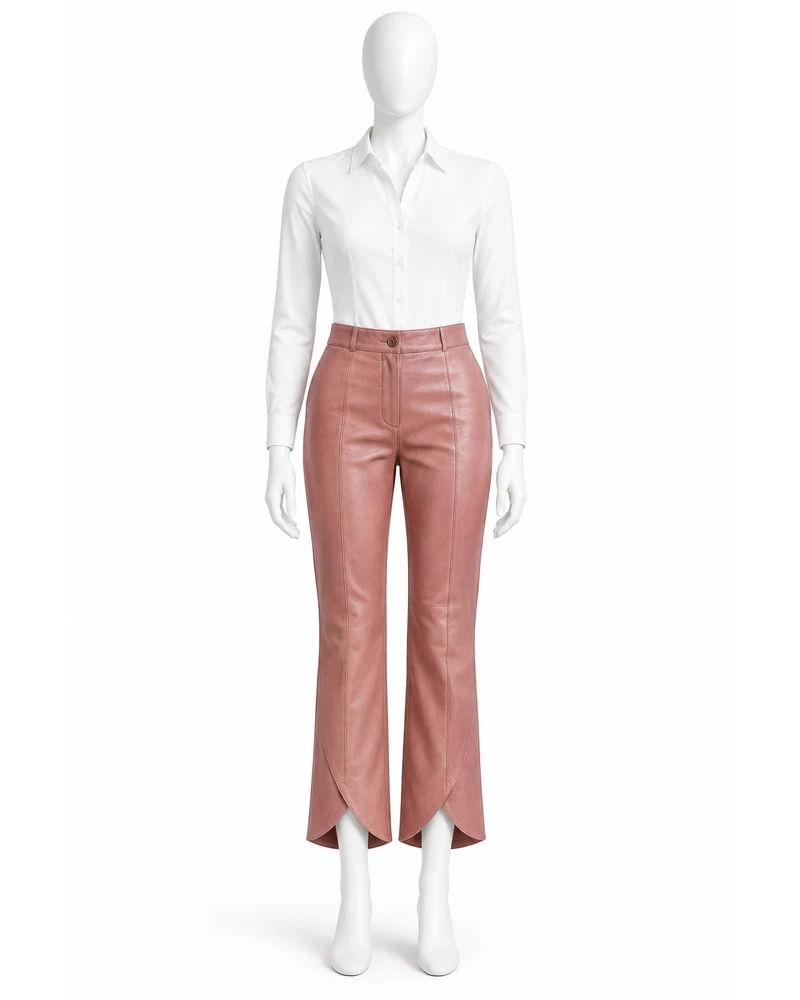 Dusty Rose Women Overlapping-Petal Hem Leather Trousers