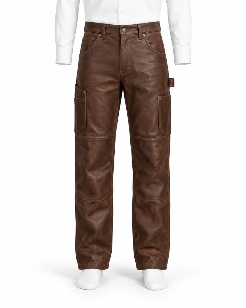 Chocolate Brown Men Carpenter Utility Leather Trousers