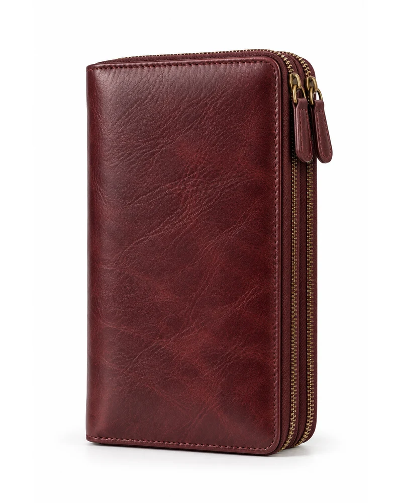 Wine Double-Zip Travel Men Leather Wallet