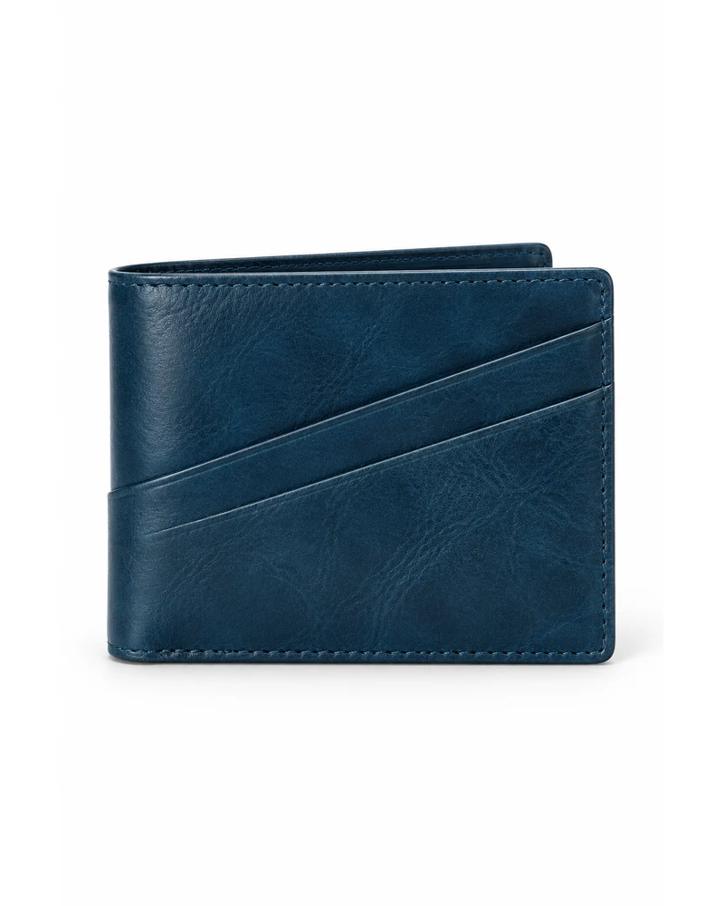 Petrol Blue Diagonal-Slot Bifold Men Leather Wallet