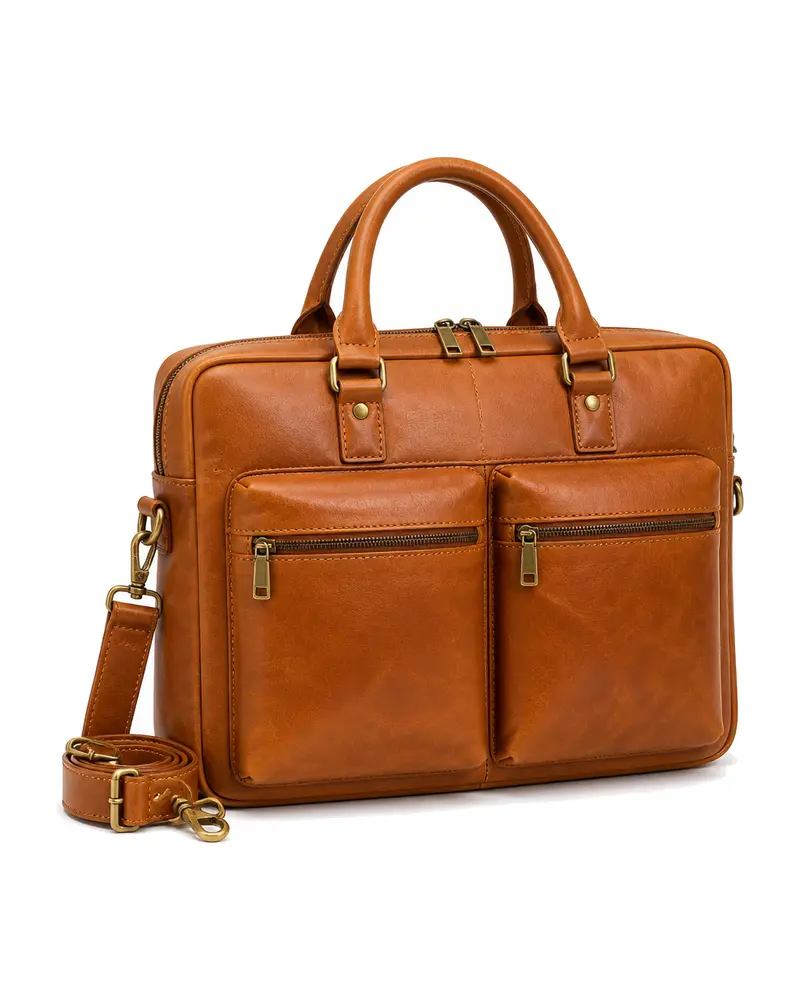 Tan Multi-Pocket Leather Briefcase