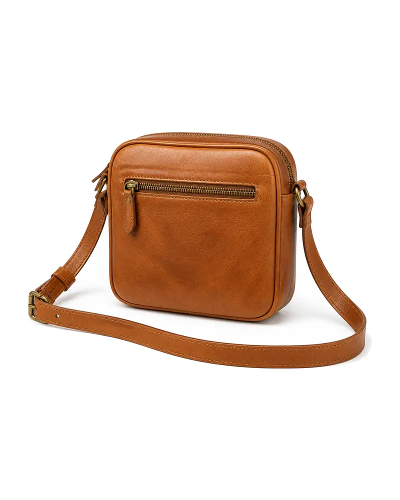 Tan Front-Zip Leather Shoulder Bag