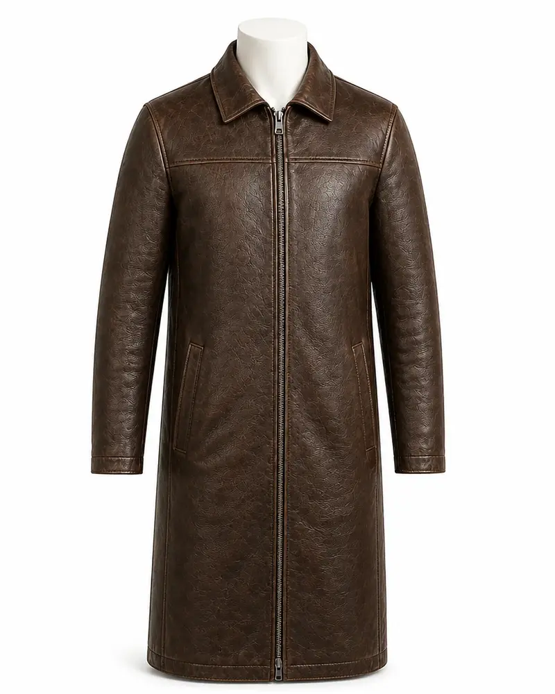 Dark Brown Zip-Front Men Leather Coat
