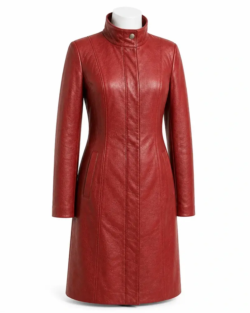 Red Stand-Collar Women Leather Coat