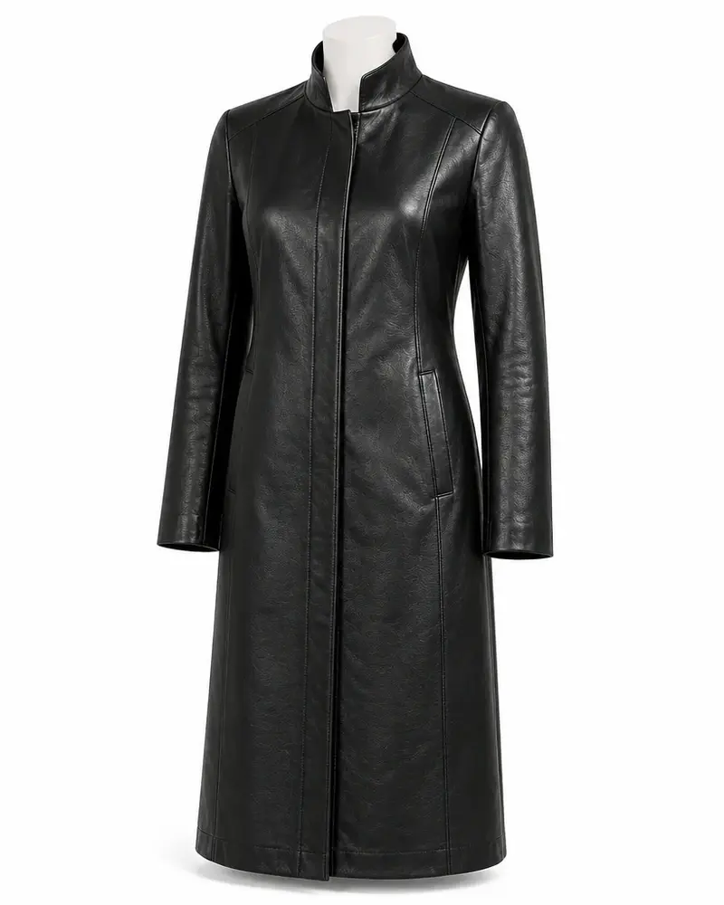Black Stand-Collar Women Leather Coat