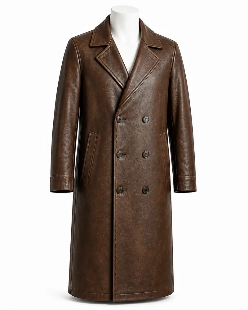 Brown Double-Breasted Men Leather Coat