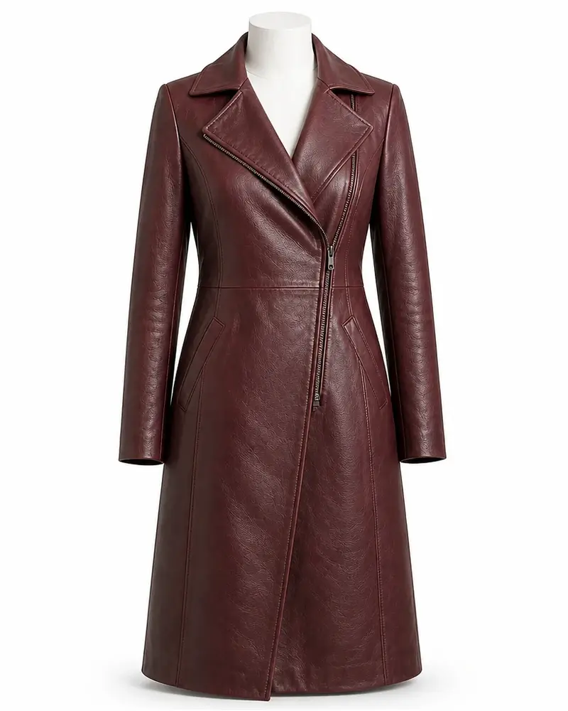 Burgundy Longline Women Leather Coat