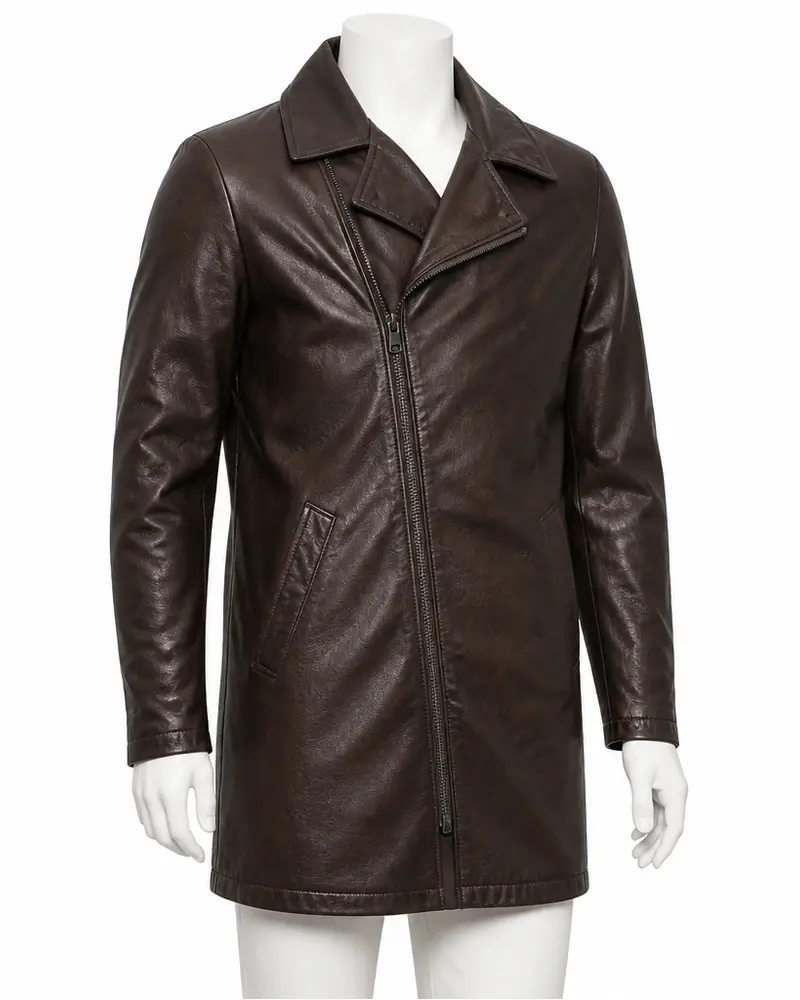 Dark Brown Asymmetric-Zip Men Leather Coat
