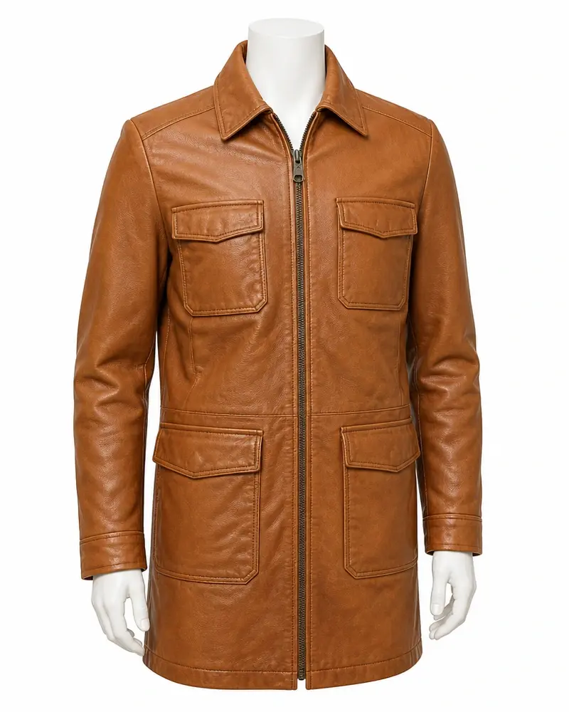 Tan Point-Collar Four-Pocket Men Leather Coat