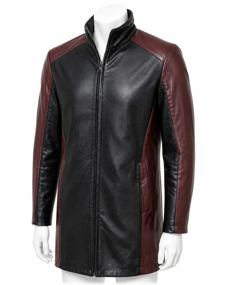 Black and Red Contrast-Panel Men Leather Coat