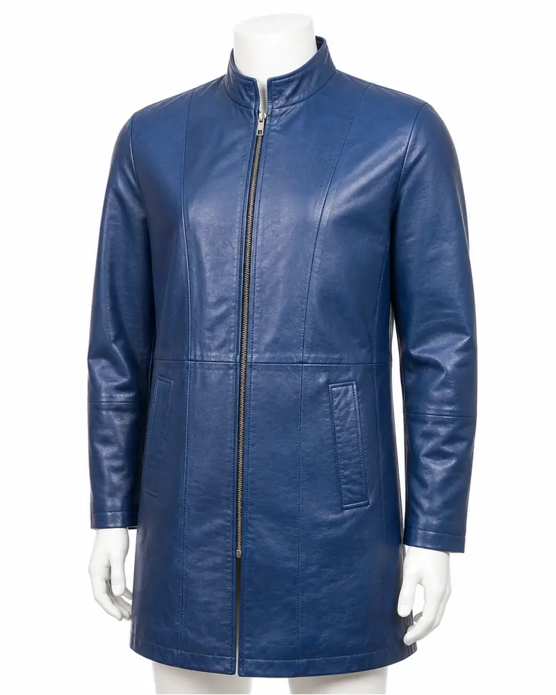 Blue Panelled Zip-Front Men Leather Coat
