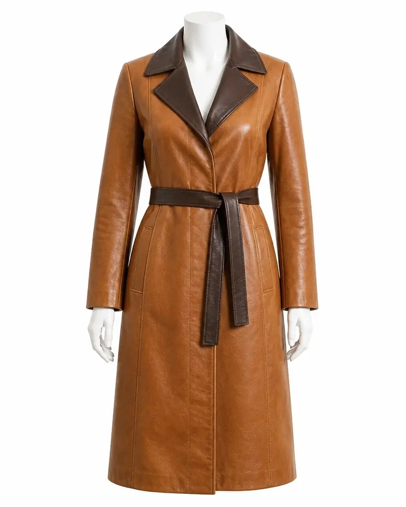 Tan Contrast-Collar Women Leather Coat