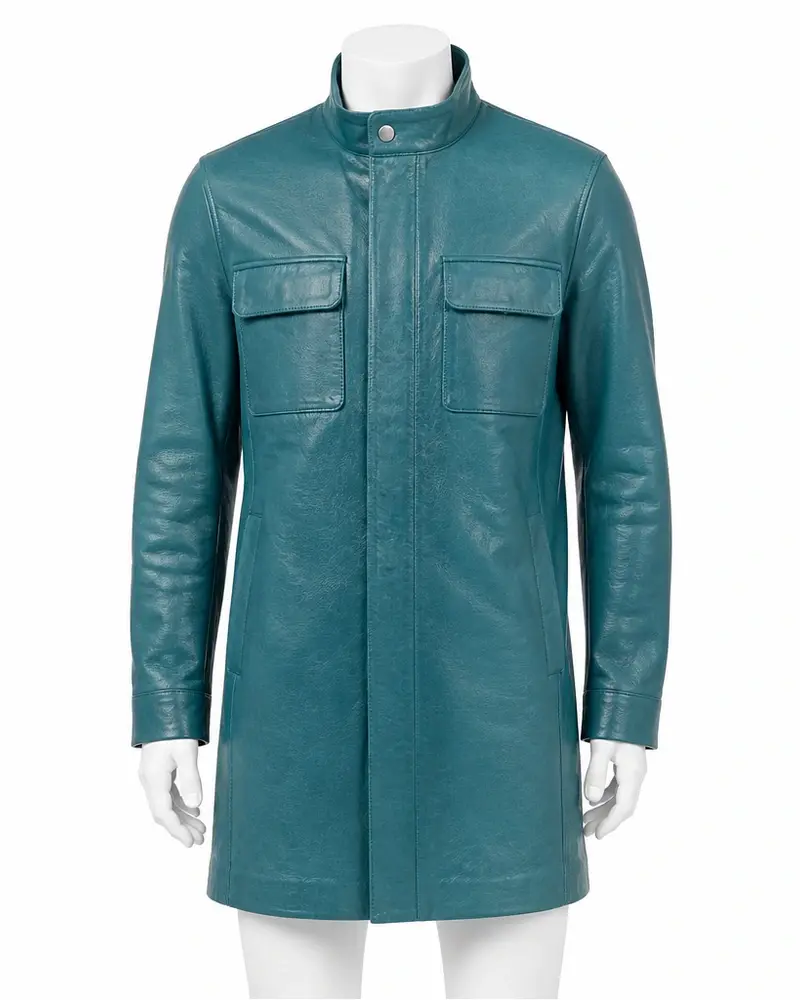 Turquoise Stand-Collar Twin-Pocket Men Leather Coat