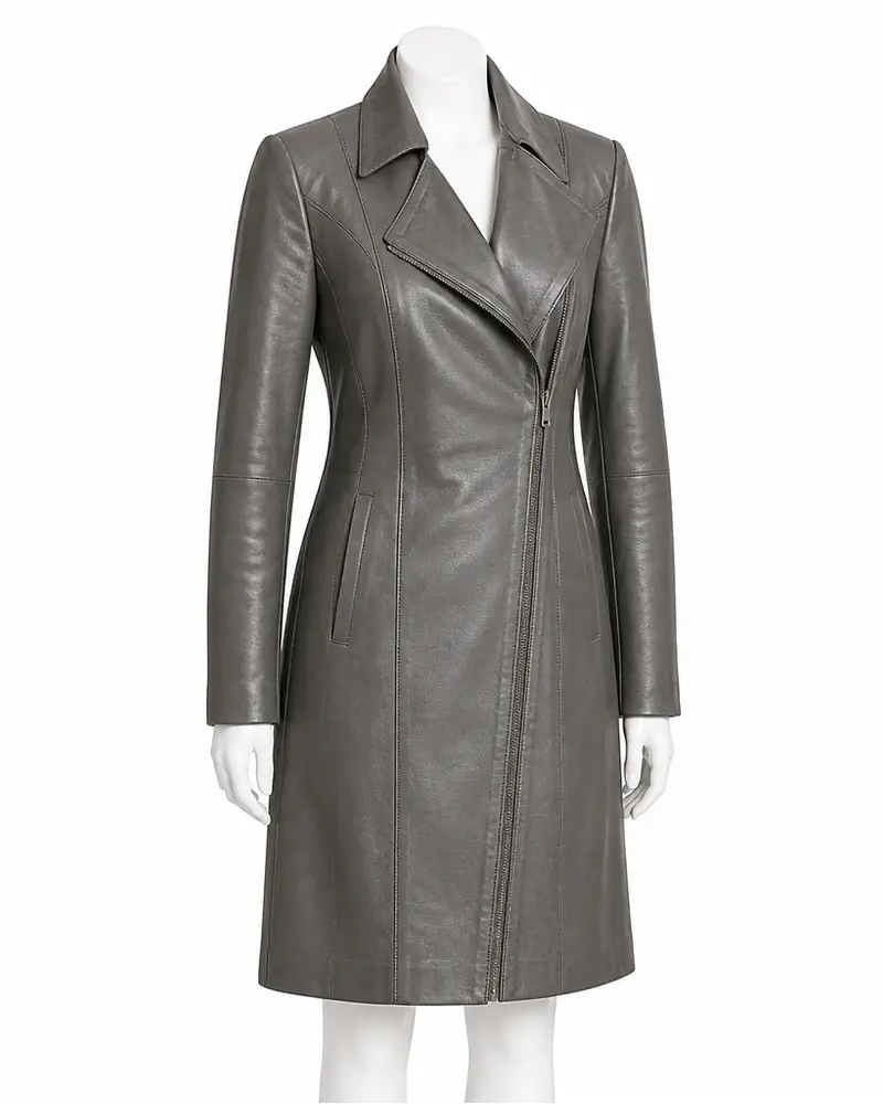 Grey Asymmetric-Zip Women Leather Coat
