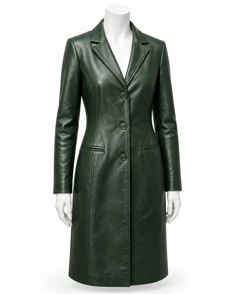 Green Fitted Women Leather Coat