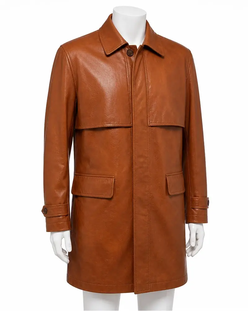 Orange Flap-Top Men Leather Coat