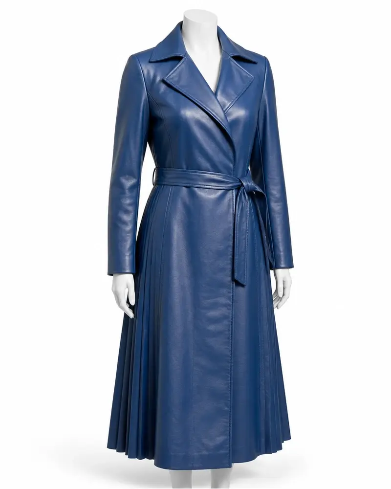 Blue Pleated Women Leather Coat