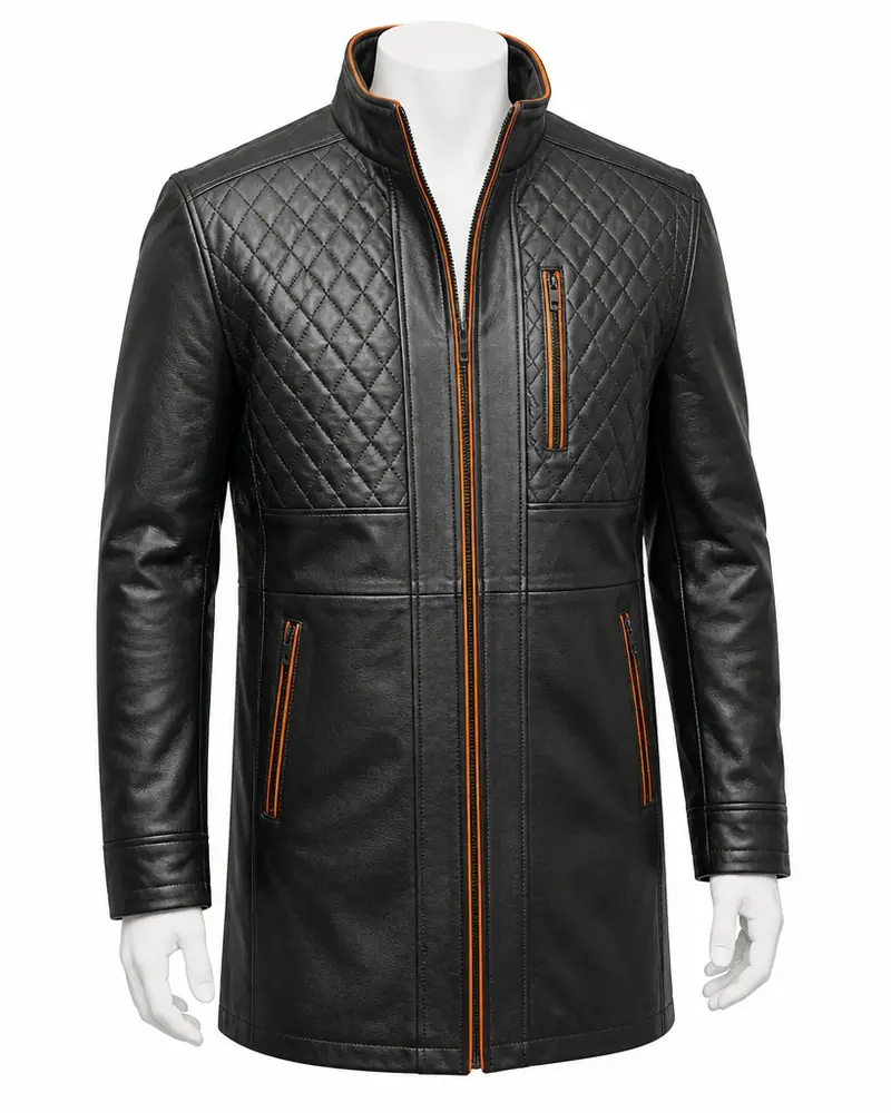 Black and Orange Quilted-Front Men Leather Coat