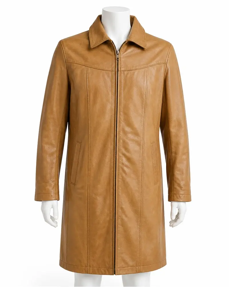 Tan Stitched-Panel Men Leather Coat