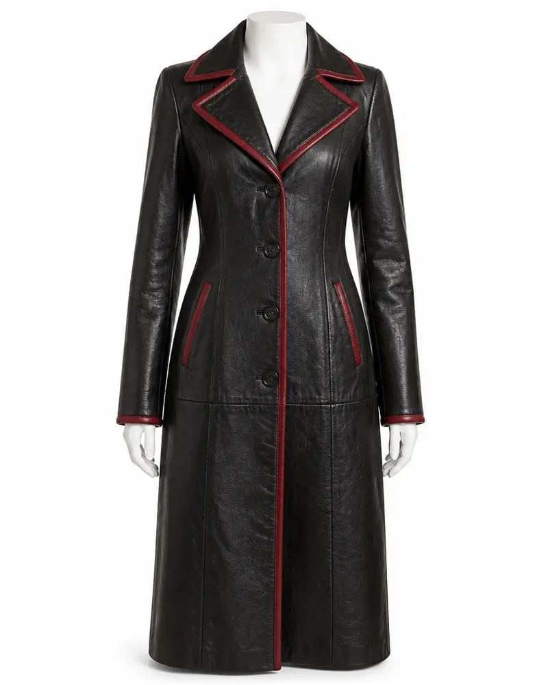Black and Red Contrast-Trim Women Leather Coat