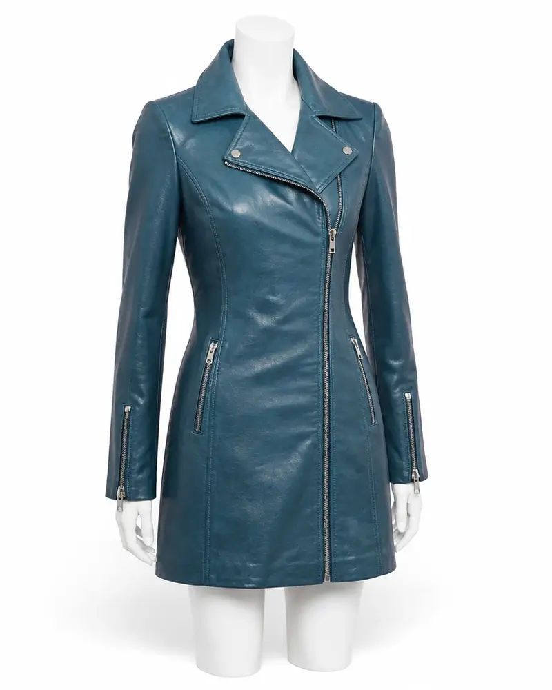Blue Biker Women Leather Coat