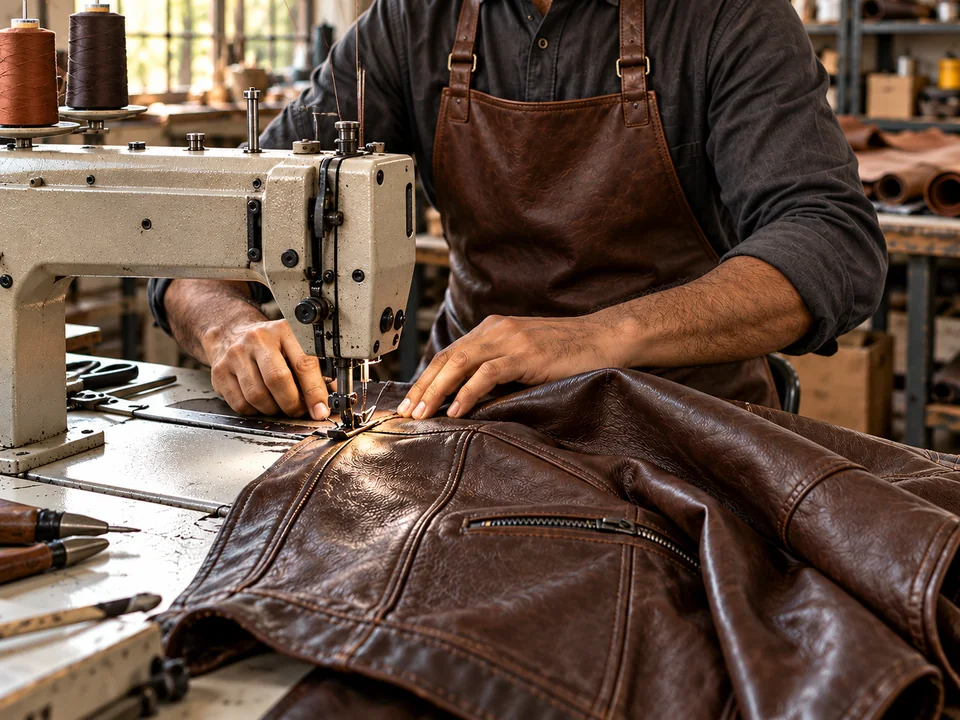 Illustration of leather jacket stitching at an industrial sewing machine, with cutting work in the background.