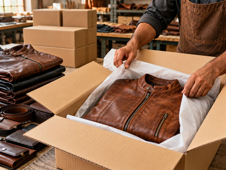 Illustration of a leather jacket being protected with tissue and packed in an export carton.