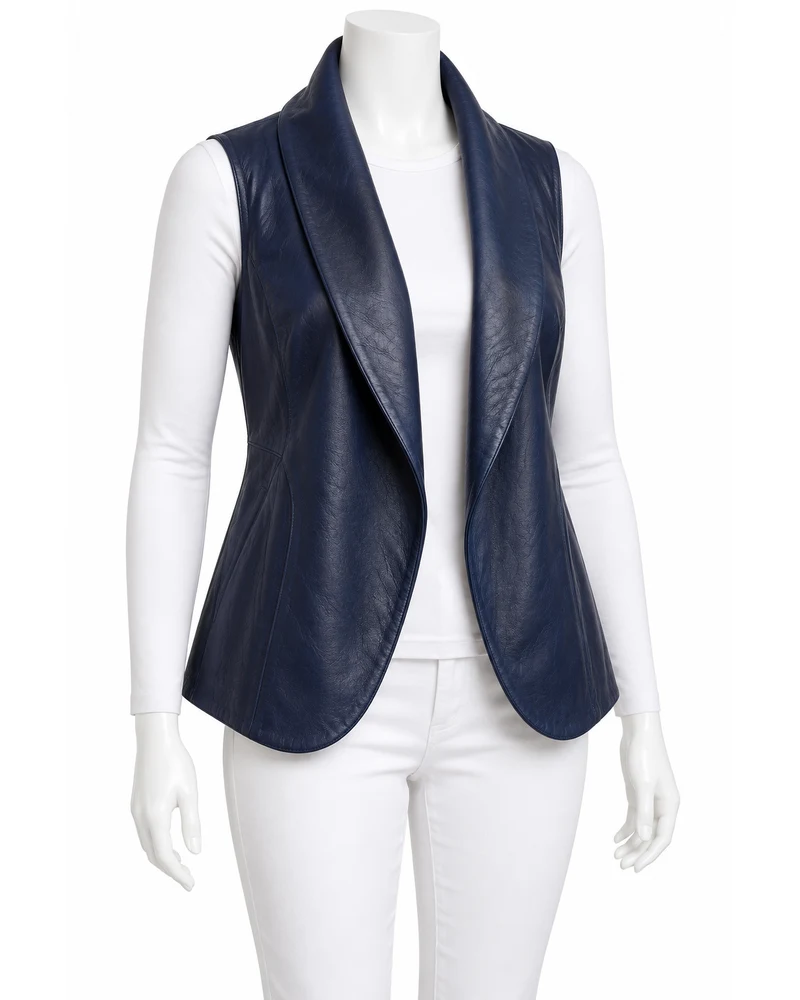 Navy Women's Shawl-Collar Open-Front Leather Vest