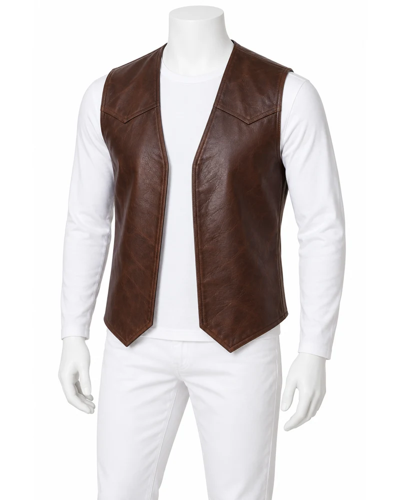 Chocolate Brown Men's Western-Yoke Open-Front Leather Vest