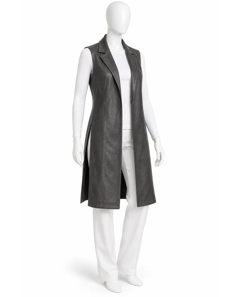 Charcoal Women's Tailored Longline Open-Front Leather Vest