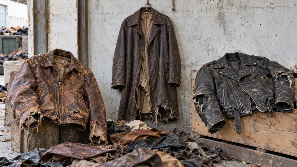 Illustration of heavily worn jackets, a long leather coat and a torn motorbike jacket for recycling