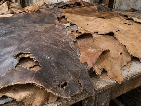 Material illustration: Torn and damaged dry tanned leather hides ready for assessment