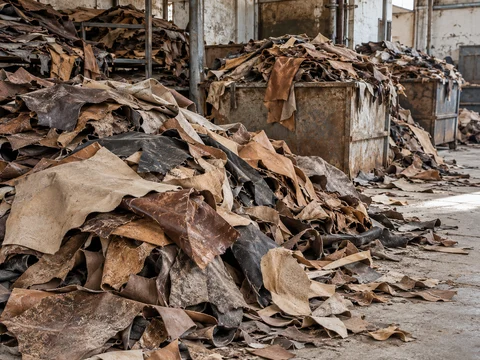 Material illustration: Heaps of dry tannery reject leather and irregular offcuts