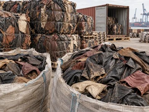 Material illustration: Bales of discarded old leather garments collected in bulk