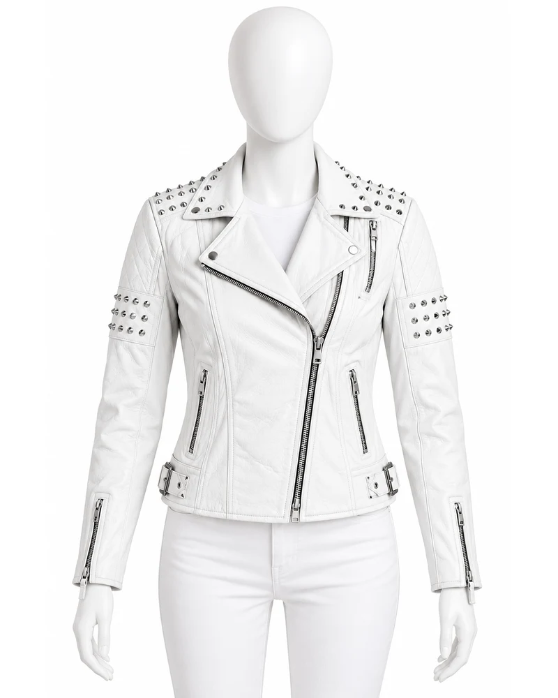 Pearl White Women's Stud-Yoke Classic Studded Leather Motorbike Jacket
